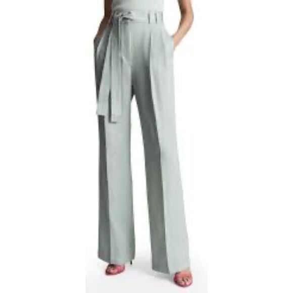 Reiss Pale Green Prairie Belted Wide Leg Pants NWOT Size 8 - Picture 1 of 7